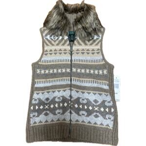 Lauren Ralph Lauren Petite Fair Isle Sweater Vest Faux Fur Collar Size S-PT NWT